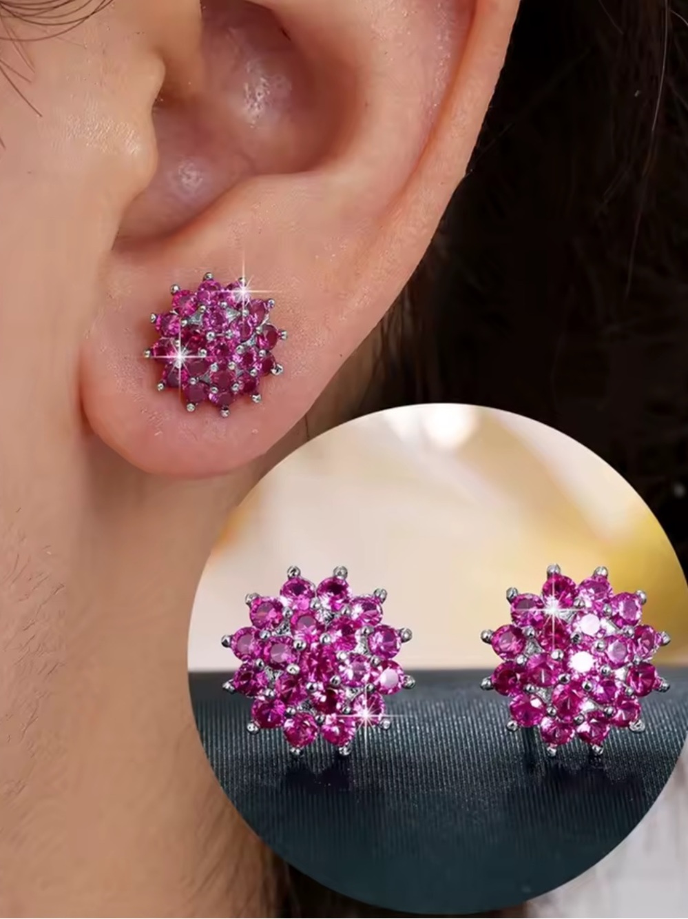 Radiant Pink Crystal Cluster Stud Earrings - Women Jewelry